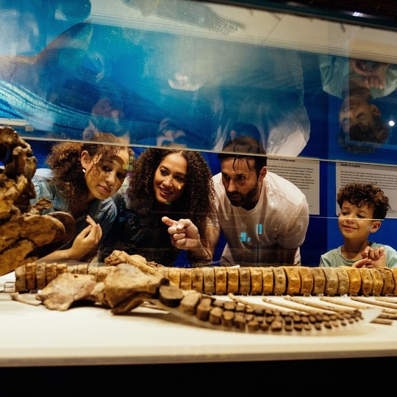 Familia mirando el esqueleto de un animal expuesto en el Thinktank, Museo de Ciencias de Birmingham, West Midlands