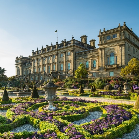 The Victorian formal gardens with statues and low hedges in front of Harewood House